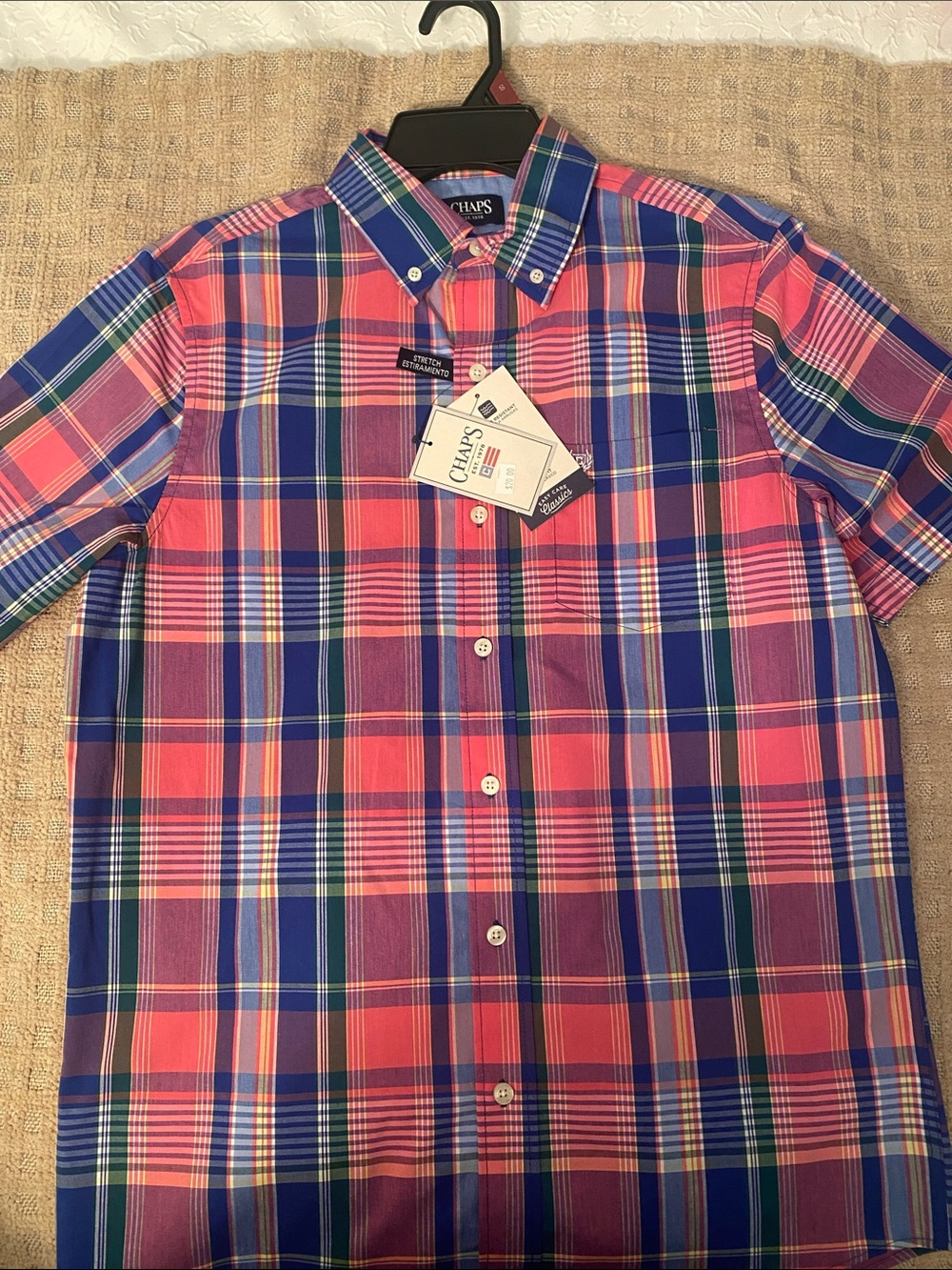 Chaps Plaid Button-Down Shirt in Pink, Blue & Green